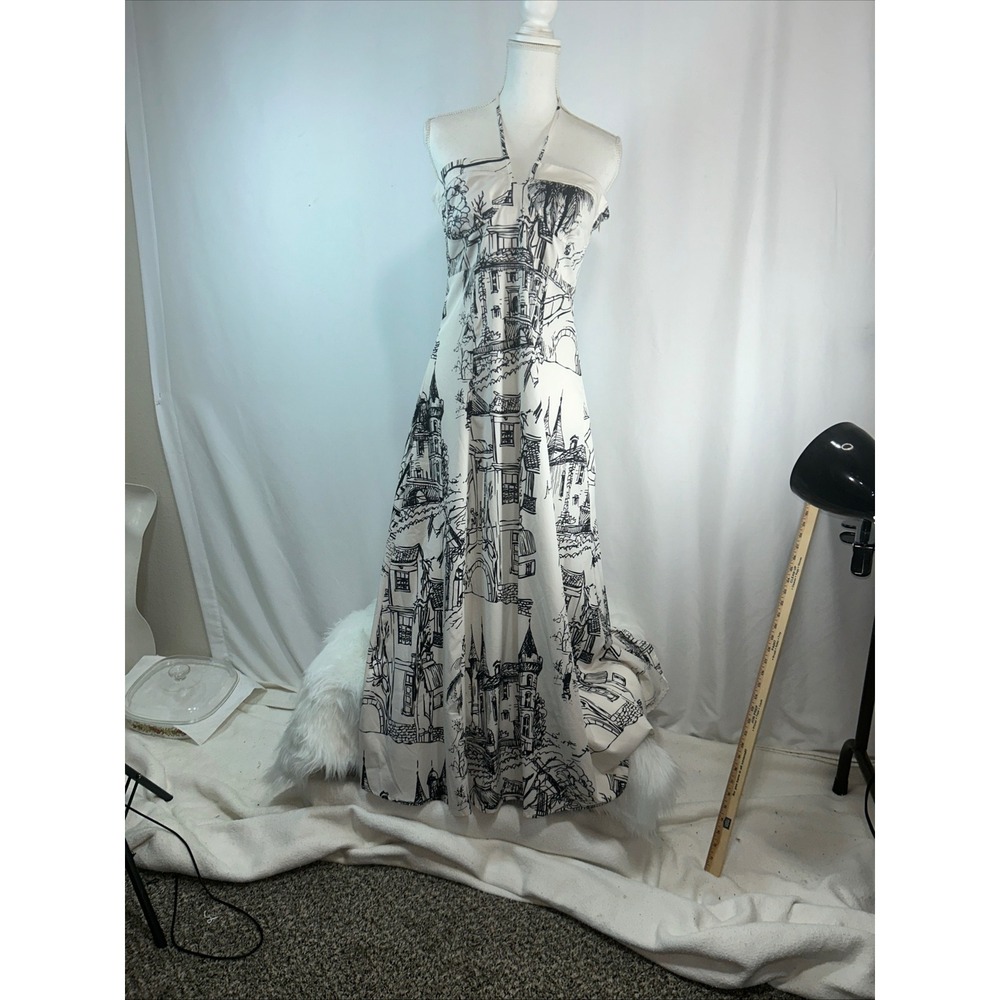 Women's Black and‎ White Architectural Print Halter Maxi Dress